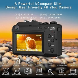Vlogging Camera 4K 48MP Digital Camera with WiFi Free 32G TF Card & Hand Strap Auto Focus & Anti-Shake Built-in 7 Color Filters Face Detect 3'' IPS Screen 140Wide Angle 18X Digital Zoom
 Vlogging Camera 4K 48MP Digital Camera with WiFi Free 32G TF Card & Hand Strap Auto Focus & Anti-Shake Built-in 7 Color Filters Face Detect 3'' IPS Screen 140Wide Angle 18X Digital Zoom