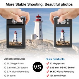 Digital Camera 4K Vlog 50MP Children's Camera 2.8 Inch IPS Autofocus Photo Camera 16X Digital Zoom Anti-Shake USB Rechargeable Compact Camera for Students Children Beginners
