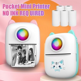 Portable Thermal Printer Wireless Inkless 203DPI Photo Label Memo Wrong Question Printing Machine With USB Cable for IOS Android(5 rolls thermal paper)