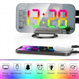 LED Mirror Table Clock Digital Alarm Clock RGB Display Memory Function LED Light Up Table Electronic Clock Nightstand Clock