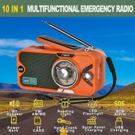 3600mAh Emergency Crank &NOAA Weather Radio Hand Crank/Solar/USB ChargingPortable Radio With (AM FM /WB) Radio With Other Function For BT Speaker &Flashlight& Phone Charger&Power Bank & MP3 Playe