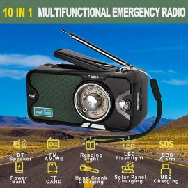 3600mAh Emergency Crank &NOAA Weather Radio Hand Crank/Solar/USB ChargingPortable Radio With (AM FM /WB) Radio With Other Function For BT Speaker &Flashlight& Phone Charger&Power Bank & MP3 Playe
