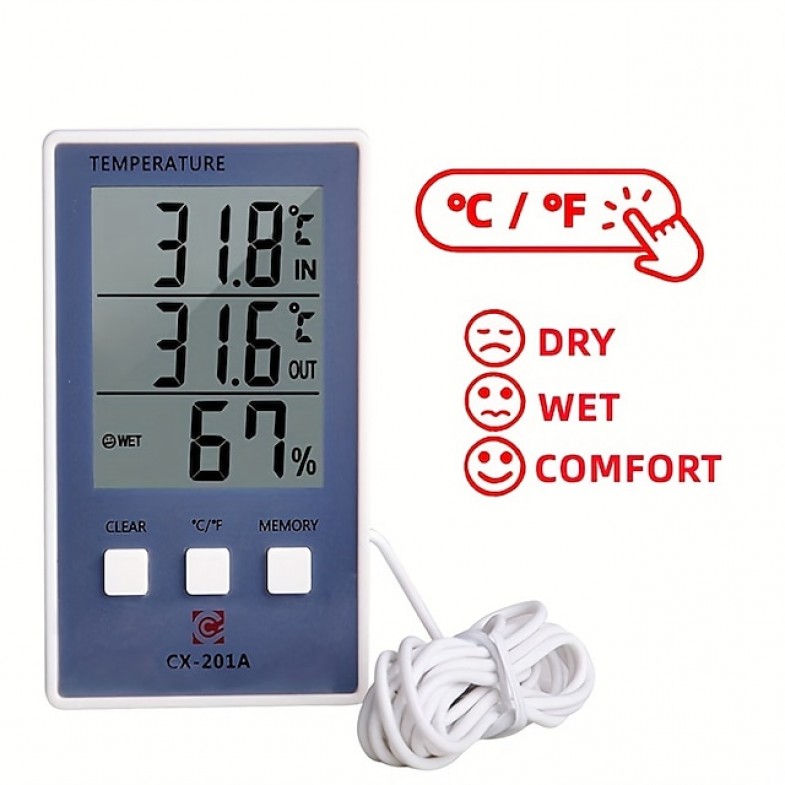 1pc Accurate Digital Thermometer and Hygrometer with LCD Display and Probe Sensor for Indoor and Outdoor Temperature and Humidity Measurement
 1pc Accurate Digital Thermometer and Hygrometer with LCD Display and Probe Sensor for Indoor and Outdoor Temperature and Humidity Measurement