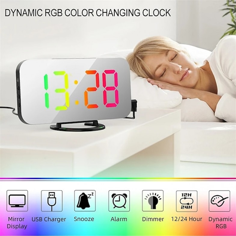 8813 Dynamic RGB Digital Alarm Clock Automatic Dimming Large HD Display Desktop Alarm Clock Dual USB Output Mirror LED Electronic Clock
 8813 Dynamic RGB Digital Alarm Clock Automatic Dimming Large HD Display Desktop Alarm Clock Dual USB Output Mirror LED Electronic Clock